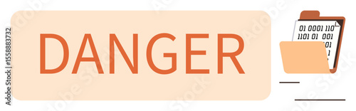 Danger warning text alongside folder holding binary data on a clipboard. Ideal for cybersecurity, data risk, information safety, digital privacy, alert systems, data breaches, simple flat metaphor