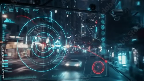 Futuristic cityscape at night with digital radar overlay, showcasing urban life and technology