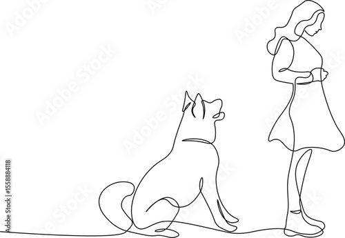 Young women playing with her dog in continuous line drawing style. Women and dog in black linear sketch isolated on white background. Vector illustration