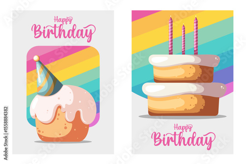 Birthday Invitation set with Cakes and Cupcakes. Cake Day Party Celebration. Birthday Wish Concept Vector Template Design  