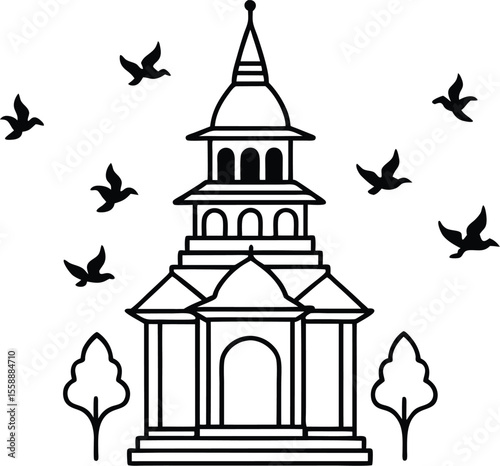 Tall Pagoda with Trees and Birds