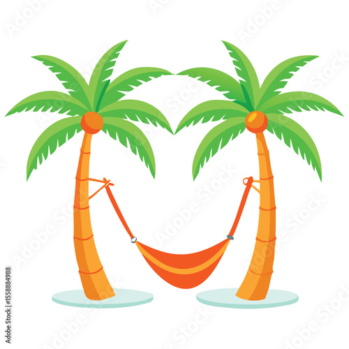 Cartoon palm trees with hammock illustration for summer vacation and tropical beach holiday concept