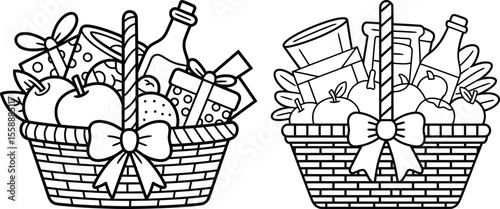 Gift Basket Line Art Set, Food Hamper Outline Clipart with Bow and Groceries.