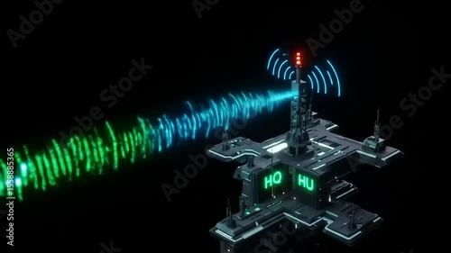 Futuristic communication tower transmitting data signals in a dark environment with vibrant colors