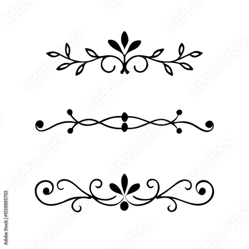 text dividers doodle set. Wedding decorative elements. Divider ornament, borders, floral, vintage line separators. Hand drawn vector illustration isolated on white background. Set page dividers.	