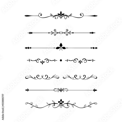 text dividers doodle set. Wedding decorative elements. Divider ornament, borders, floral, vintage line separators. Hand drawn vector illustration isolated on white background. Set page dividers.	