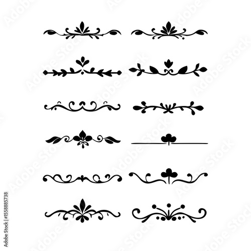 text dividers doodle set. Wedding decorative elements. Divider ornament, borders, floral, vintage line separators. Hand drawn vector illustration isolated on white background. Set page dividers.	