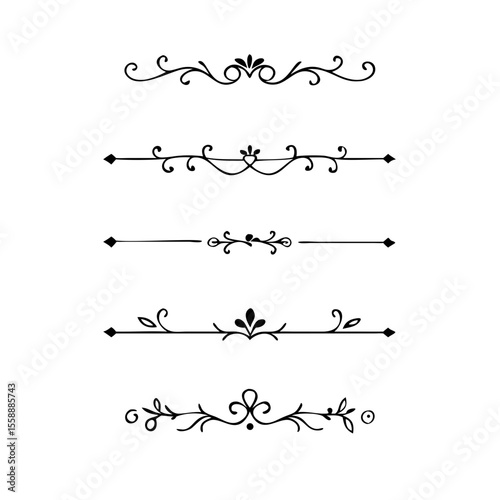 text dividers doodle set. Wedding decorative elements. Divider ornament, borders, floral, vintage line separators. Hand drawn vector illustration isolated on white background. Set page dividers.	