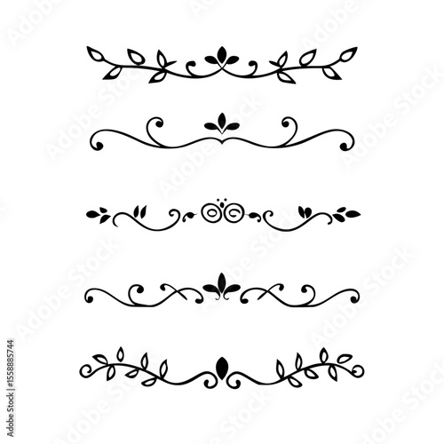 text dividers doodle set. Wedding decorative elements. Divider ornament, borders, floral, vintage line separators. Hand drawn vector illustration isolated on white background. Set page dividers.	