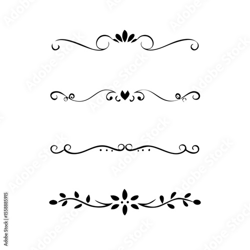 text dividers doodle set. Wedding decorative elements. Divider ornament, borders, floral, vintage line separators. Hand drawn vector illustration isolated on white background. Set page dividers.	