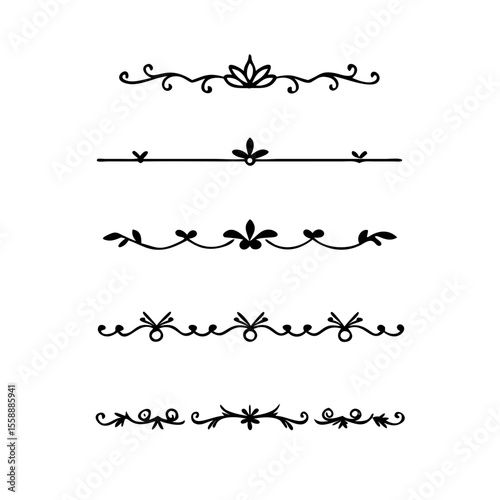 text dividers doodle set. Wedding decorative elements. Divider ornament, borders, floral, vintage line separators. Hand drawn vector illustration isolated on white background. Set page dividers.	