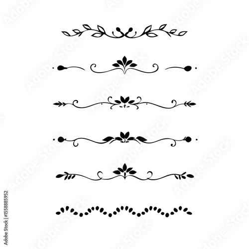 text dividers doodle set. Wedding decorative elements. Divider ornament, borders, floral, vintage line separators. Hand drawn vector illustration isolated on white background. Set page dividers.	