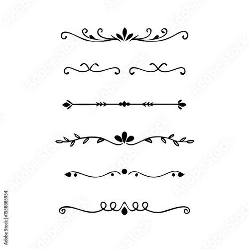 text dividers doodle set. Wedding decorative elements. Divider ornament, borders, floral, vintage line separators. Hand drawn vector illustration isolated on white background. Set page dividers.	