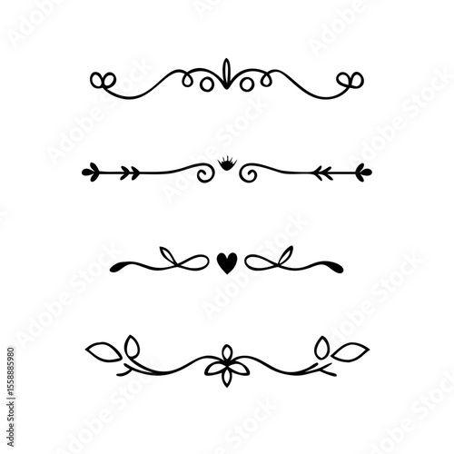 text dividers doodle set. Wedding decorative elements. Divider ornament, borders, floral, vintage line separators. Hand drawn vector illustration isolated on white background. Set page dividers.	