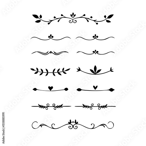 text dividers doodle set. Wedding decorative elements. Divider ornament, borders, floral, vintage line separators. Hand drawn vector illustration isolated on white background. Set page dividers.	
