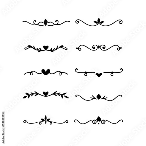 text dividers doodle set. Wedding decorative elements. Divider ornament, borders, floral, vintage line separators. Hand drawn vector illustration isolated on white background. Set page dividers.	