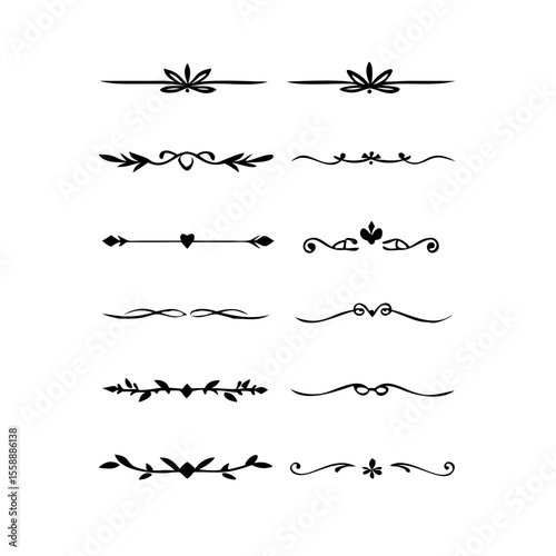 text dividers doodle set. Wedding decorative elements. Divider ornament, borders, floral, vintage line separators. Hand drawn vector illustration isolated on white background. Set page dividers.	
