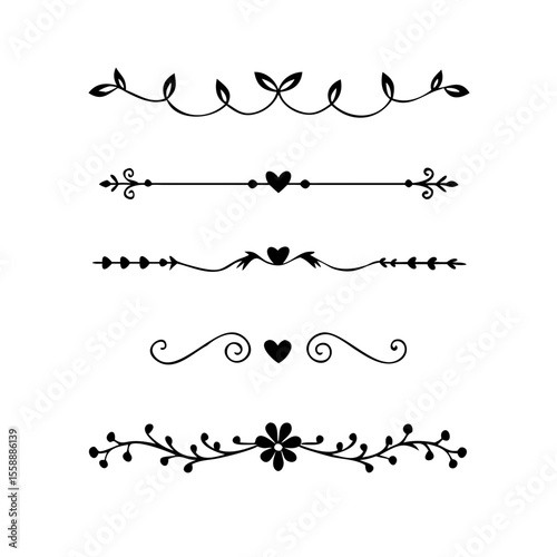 text dividers doodle set. Wedding decorative elements. Divider ornament, borders, floral, vintage line separators. Hand drawn vector illustration isolated on white background. Set page dividers.	