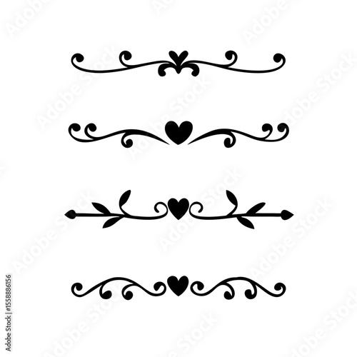 text dividers doodle set. Wedding decorative elements. Divider ornament, borders, floral, vintage line separators. Hand drawn vector illustration isolated on white background. Set page dividers.	