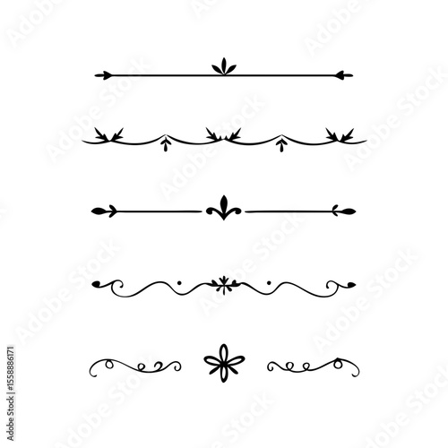 text dividers doodle set. Wedding decorative elements. Divider ornament, borders, floral, vintage line separators. Hand drawn vector illustration isolated on white background. Set page dividers.	