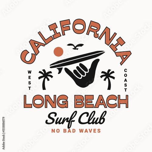 California, Long Beach vector graphic with shaka hand sign, surfboard, and palm trees. For t-shirt prints, posters, and other uses.