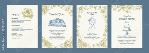 Toile de Jouy inspired wedding wedding invitation. Wedding hand dawn ceremony card. Elegant line art minimalist venue sketch. Elements for wedding, monogram, invitation, greeting, birthday card.