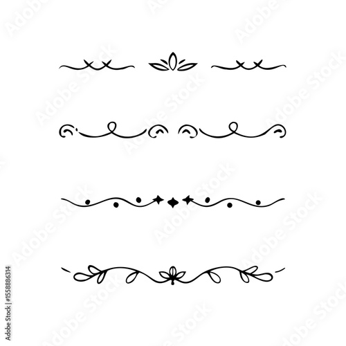 text dividers doodle set. Wedding decorative elements. Divider ornament, borders, floral, vintage line separators. Hand drawn vector illustration isolated on white background. Set page dividers.	