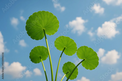 Centella Asiatica Plant Photographed from Low Angle Against Clear Sky Blue Background