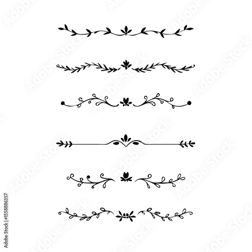 text dividers doodle set. Wedding decorative elements. Divider ornament, borders, floral, vintage line separators. Hand drawn vector illustration isolated on white background. Set page dividers.	
