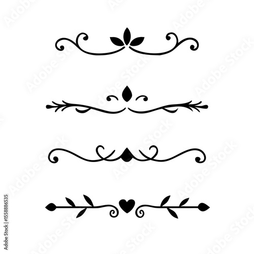 text dividers doodle set. Wedding decorative elements. Divider ornament, borders, floral, vintage line separators. Hand drawn vector illustration isolated on white background. Set page dividers.	