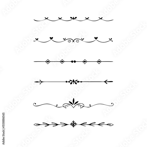text dividers doodle set. Wedding decorative elements. Divider ornament, borders, floral, vintage line separators. Hand drawn vector illustration isolated on white background. Set page dividers.	