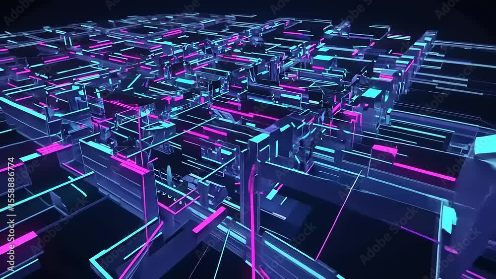 Abstract isometric grid with glowing magenta and cyan lines and block shapes
