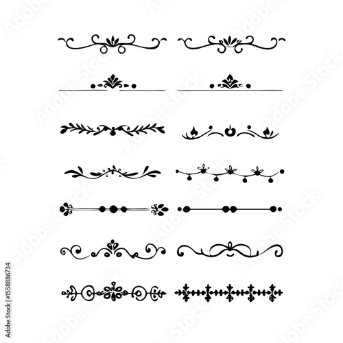 text dividers doodle set. Wedding decorative elements. Divider ornament, borders, floral, vintage line separators. Hand drawn vector illustration isolated on white background. Set page dividers.	