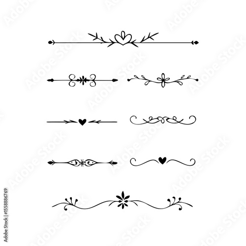 text dividers doodle set. Wedding decorative elements. Divider ornament, borders, floral, vintage line separators. Hand drawn vector illustration isolated on white background. Set page dividers.	