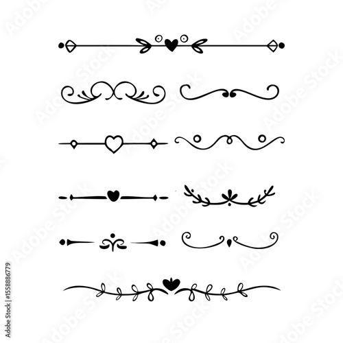text dividers doodle set. Wedding decorative elements. Divider ornament, borders, floral, vintage line separators. Hand drawn vector illustration isolated on white background. Set page dividers.	