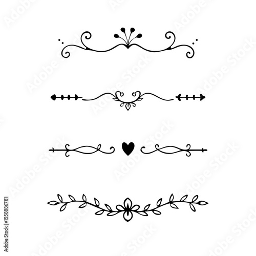 text dividers doodle set. Wedding decorative elements. Divider ornament, borders, floral, vintage line separators. Hand drawn vector illustration isolated on white background. Set page dividers.	