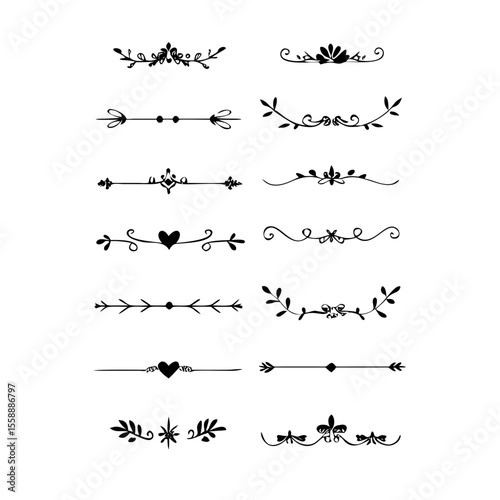text dividers doodle set. Wedding decorative elements. Divider ornament, borders, floral, vintage line separators. Hand drawn vector illustration isolated on white background. Set page dividers.	