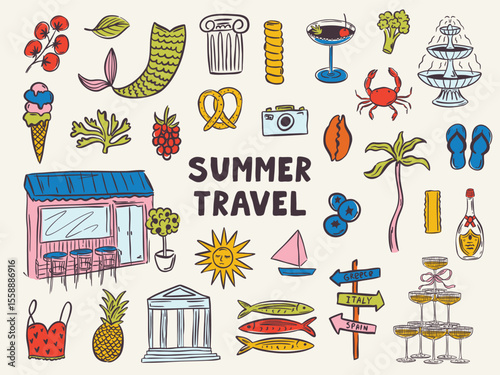 Whimsical hand drawn summer illustrations in trendy hand drawn style. Perfect doodle for quirky italian greece wedding  poster, dinner and bar menu, bachelorette party, birthday invitation, sign