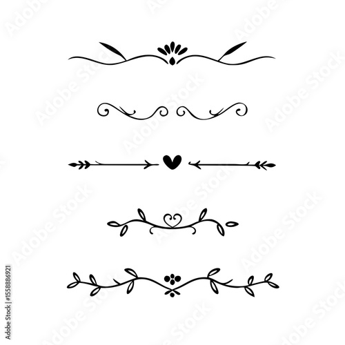 text dividers doodle set. Wedding decorative elements. Divider ornament, borders, floral, vintage line separators. Hand drawn vector illustration isolated on white background. Set page dividers.	