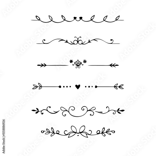 text dividers doodle set. Wedding decorative elements. Divider ornament, borders, floral, vintage line separators. Hand drawn vector illustration isolated on white background. Set page dividers.	