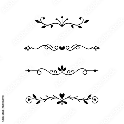 text dividers doodle set. Wedding decorative elements. Divider ornament, borders, floral, vintage line separators. Hand drawn vector illustration isolated on white background. Set page dividers.	