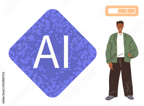 Purple AI emblem paired with a smiling man in casual attire and a progress bar highlights technology, innovation, creativity, and growth. Ideal for technology, development, growth, digital learning