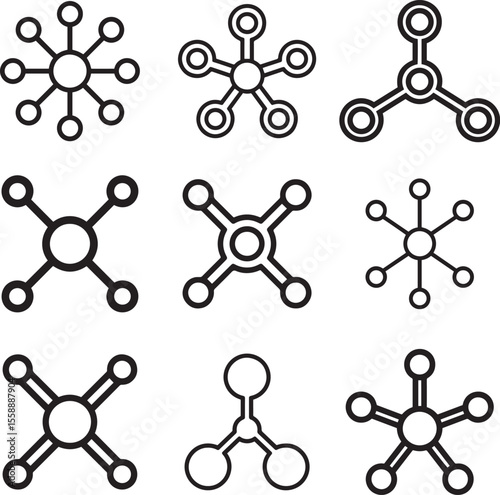 Set of Abstract Hub and Spoke Connection Icons – Thin Line Molecular Network Diagrams