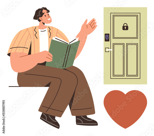 Person reading book joyfully while gesturing, secure door with lock symbol, and heart shape. Ideal for education, security, wellbeing, personal growth, storytelling, values simple flat metaphor