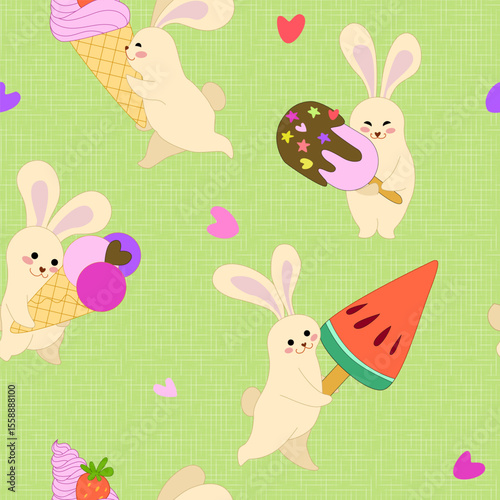 Cute bunnies with ice cream. Fun summer seamless pattern. Vector