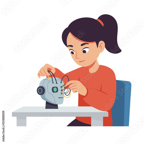 Focused Girl Wiring Robot Head at Desk, Flat Vector Icon