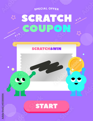 Scratch and Win Coupon Illustration with Cute Characters
