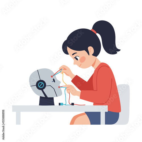 Focused Girl Wiring Robot Head at Desk, Flat Vector Icon
