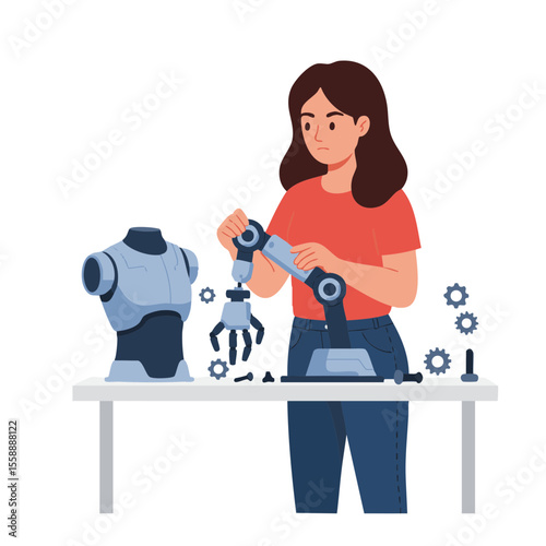 Girl Attaching Robotic Arm on Table, Flat Vector Illustration