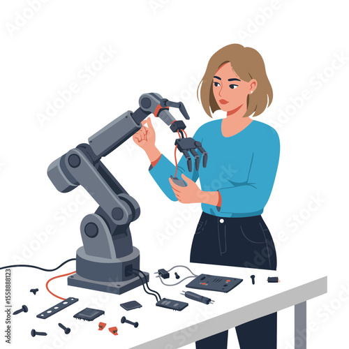 Girl Attaching Robotic Arm on Table, Flat Vector Illustration